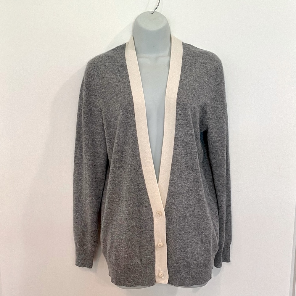 Theory Gray and Cream Cashmere Long Cardigan